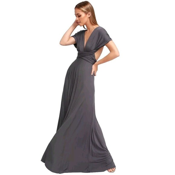 Lulus Tricks of the Trade Convertible Wrap Maxi Dress Medium Dark Gray Halter - Picture 2 of 16
